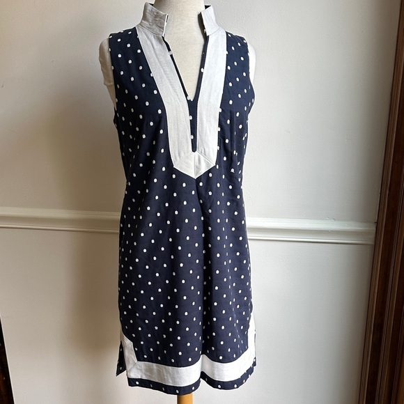 Eliza J Dresses & Skirts - Eliza J Navy and White Polka Dot Shift Dress Mandarin Collar size 8 EUC